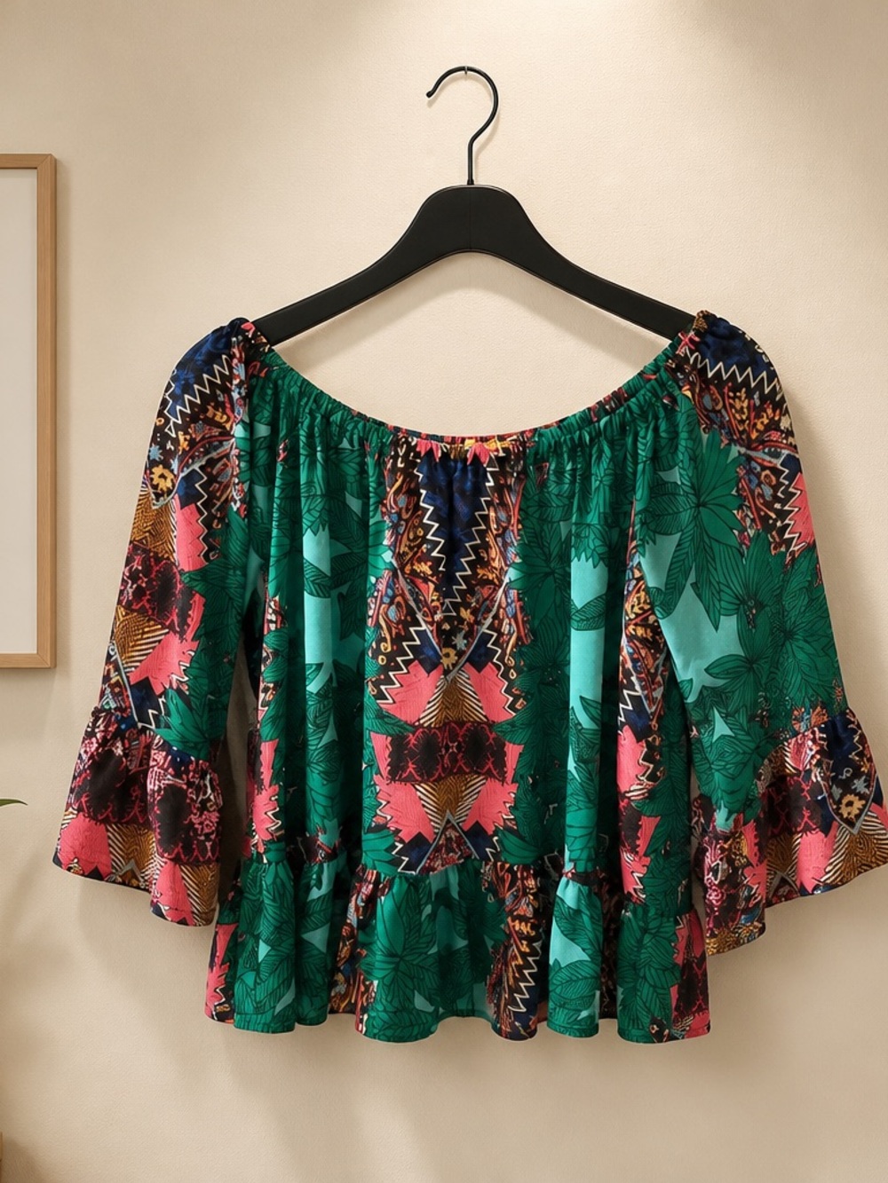 Gianni Bini Green Multi-Color Off-Shoulder Peasant Blouse